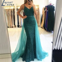 green spaghetti straps lace evening dress gowns 2021 elegant mermaid crystals for women party vestido de festa robe de soiree