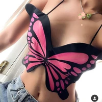 butterfly print nightclub women tops sexy v neck backless short camis open navel slimming bandage small vest streetwear 2 colors