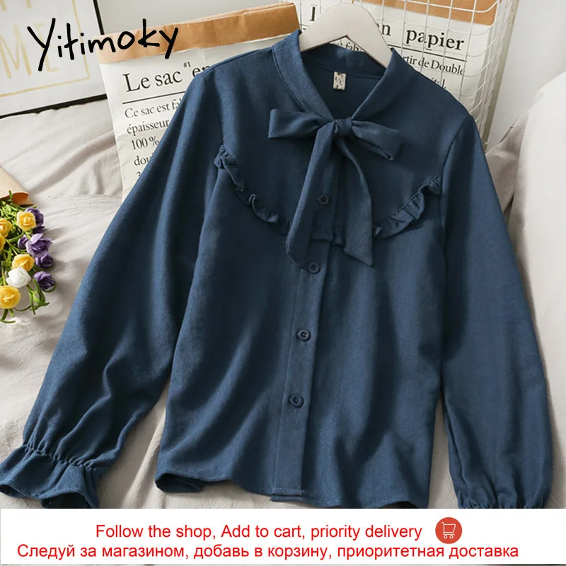 

Yitimoky Bow Lace Up Blouse Women Flare Sleeve button up Edible Tree Fungus Shirts Stand Top 2021 Spring Fashion Single Breasted