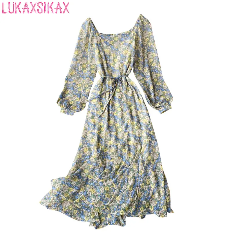 

LUKAXSIKAX New Spring Autumn Women Square Collar Long Sleeve Bandage Slim Long Dress Sweet Ruffles Hem Retro Floral Dress