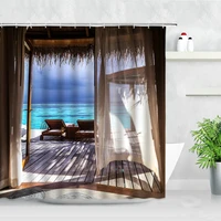 Resort Scenery Shower Curtains Ocean Tropical Plants Trees Swimming Pool Printed Waterproof Fabric Bathroom Decor Curtain Set