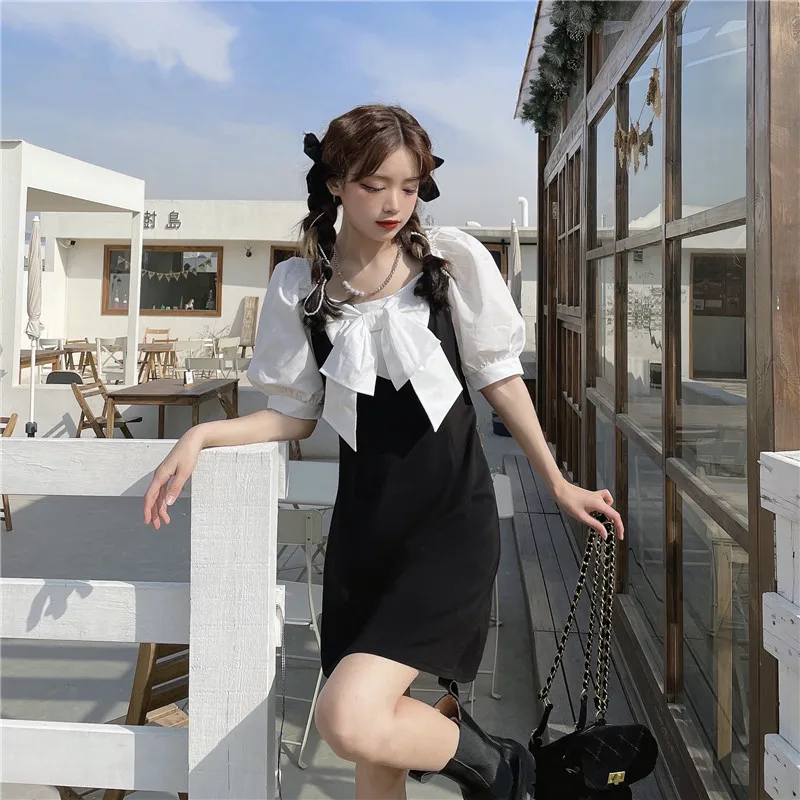 

Summer Korean Style 2021 New Design Sense French Style Fashionable Bow Waist Slimming Puff Short Sleeve Dress for Women
