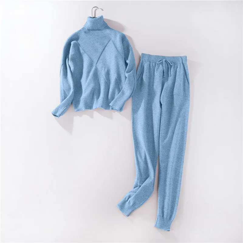

2020 Women Knitted Tracksuit Turtleneck Sweater Casual Suit Autumn Winter 2 Piece Set Knit Pants Sporting Suit Femme Clothing