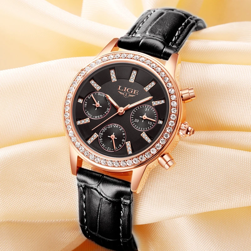 Женские часы LIGE роскошные брендовые кварцевые для девушек повседневные кожаные