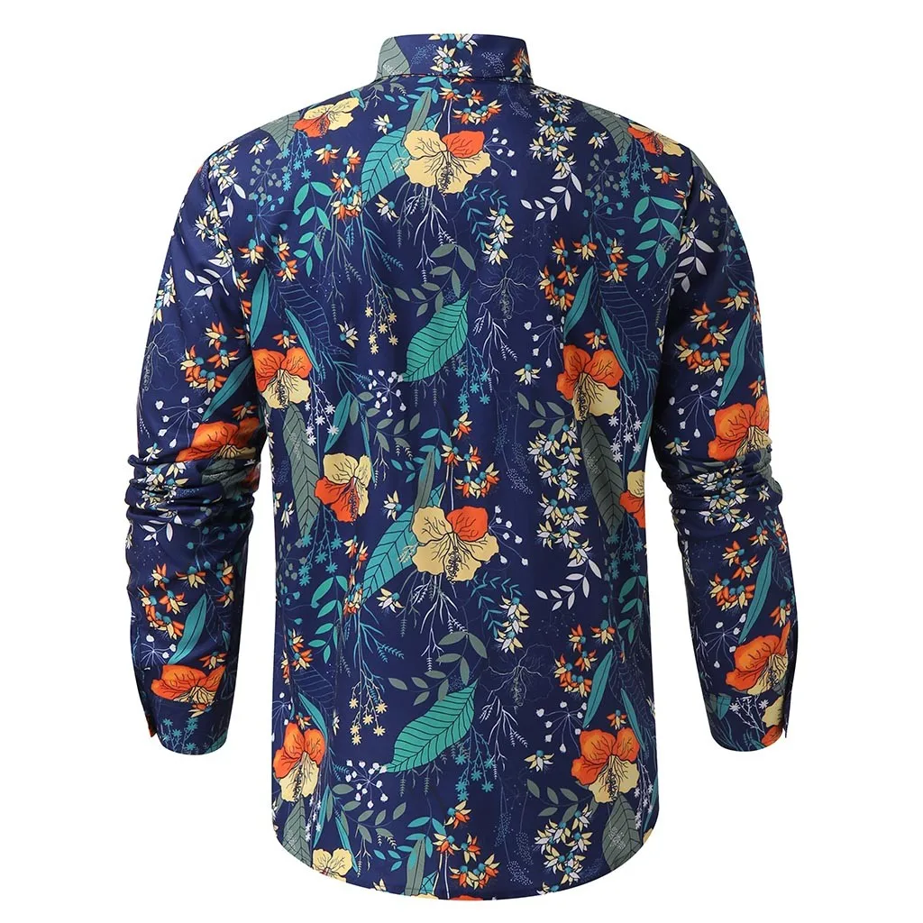 Camisa Masculina осень зима мужская Повседневная рубашка с длинным рукавом с цветочным принтом облегающая блузка Топ Гавайский стиль