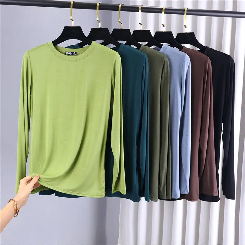 

2020 New Autumn Spring Women Model Long Sleeve O-Neck Thin T-shirts Tee Female Solid Slim Basic Undershirts T Shirts Tops A86