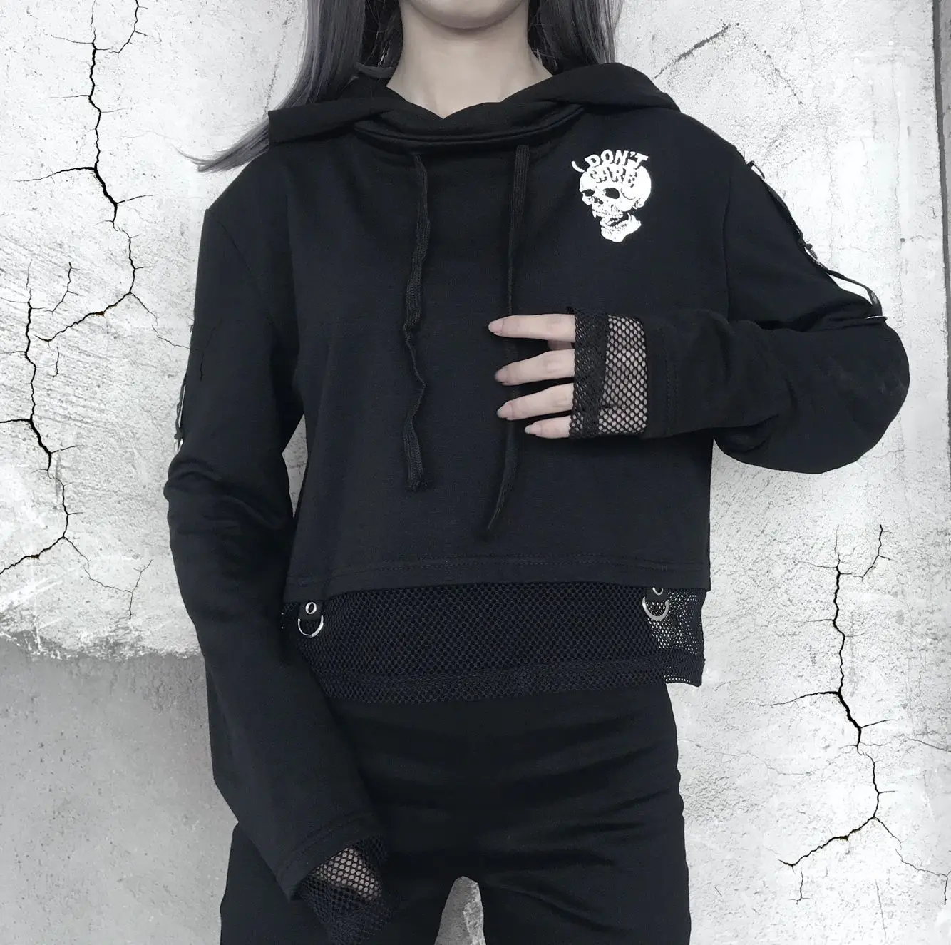 

Gothic Style Women's Hoodies Halloween Costumes Drawstring Hoodies Skull Print Long Sleeve Fishnet Patchwork Women's Sweatshirts