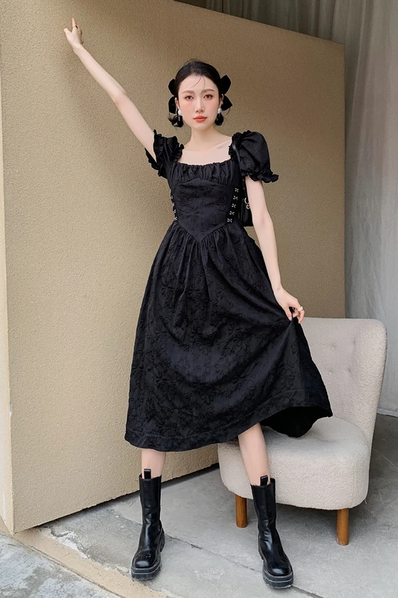 

Sweet Vacation Beach Dresses for Women Temperament Square Collar Short Sleeve Black Dress Casual Office Lady Midi Vestido Summer