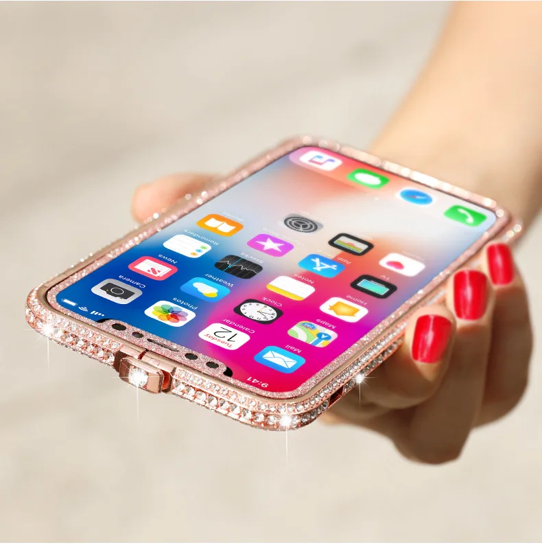 Блестящие стразы с алюминиевой рамкой для iPhone X XS Max XR 8 7 6 6S Plus чехол-бампер с алмазами с задней передней пленкой