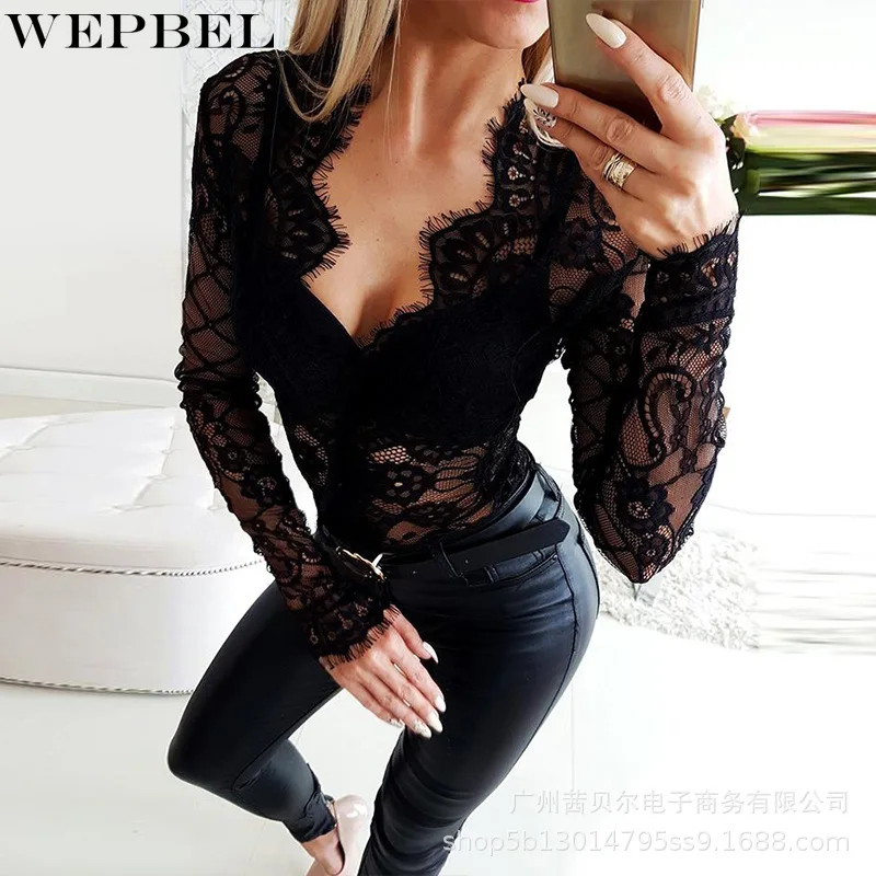 

WEPBEL Women Deep V Neck Sexy Bodysuit Ladies Elegant Lace Hollow Out Romper Long Sleeve Skinny Bottoming Overalls