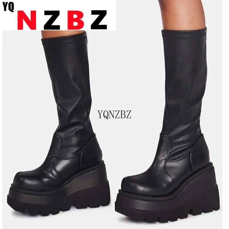 

New Ladies High Platform Black Boots Fashion Zip High Heels Boots Women Wedges Shoes Woman Casual Boots Heels Plus Size