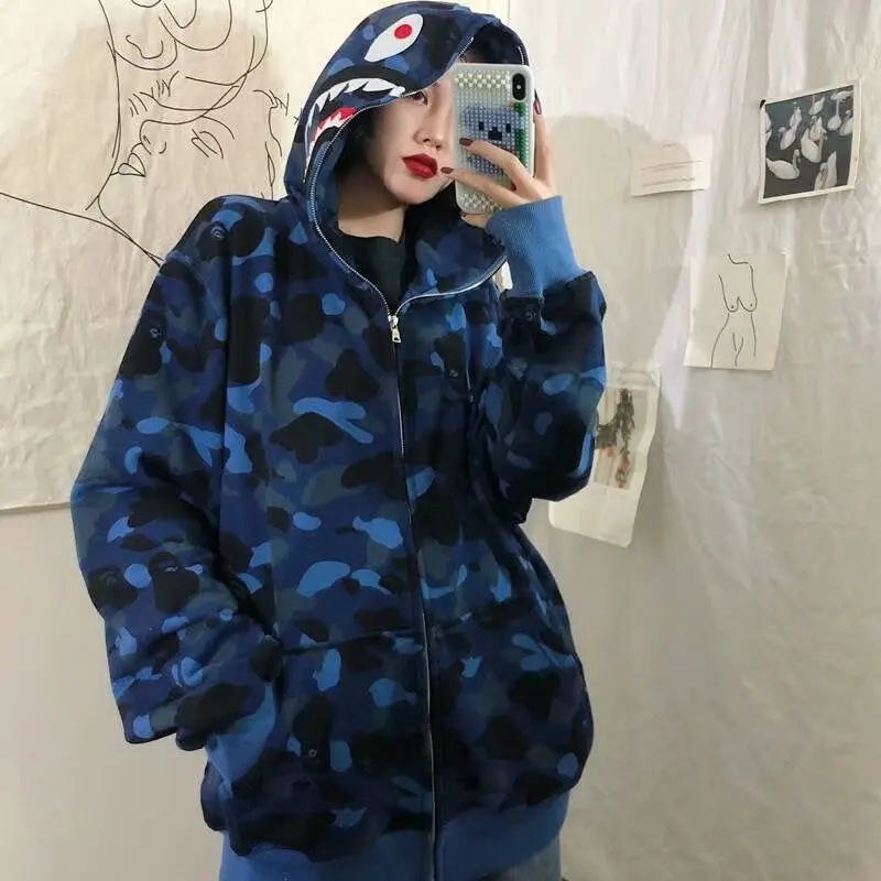 

Sweatshirts Hip Hop Hoodie Women Hooded Zip-up Shark Printing Clothing Ladies Spring Autumn Sweatshirt Women Casual Streetwear