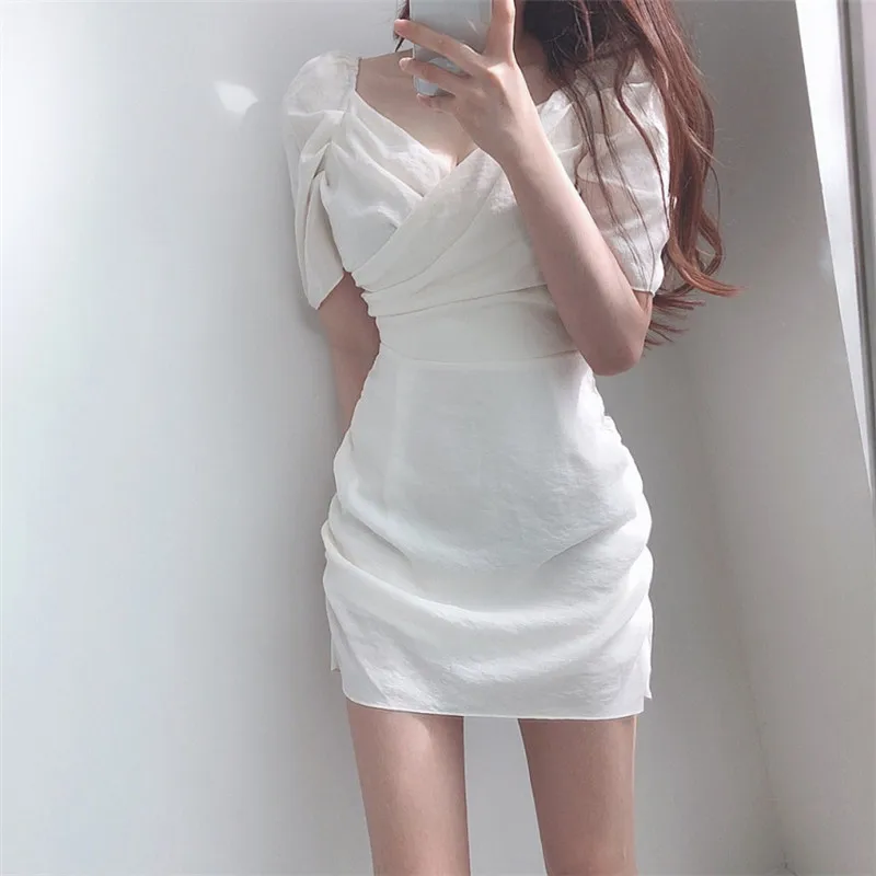 

Korean One Piece Summer Women Dress Sundress 2021 New Puff Sleeve Solid Color Mini Dress Retro Pink Pleated Dress Vestidos Lady