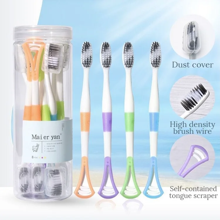 

8pcs Bamboo Charcoal Soft Bristles Family Toothbrush, Clean Tongue, Remove Bad Breath, Toothbrush + Tongue Scraper Combination