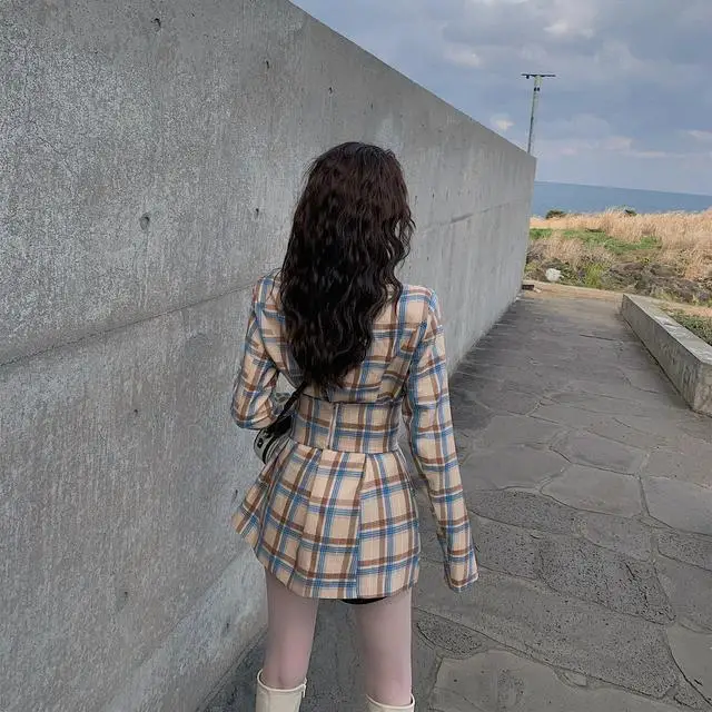 

Vintage Suit Women Dress Sheath TOPS for Women Girdle Blazer Dress Plaid Pocket Mini Dress Office Lady Sheath Bandage Dress