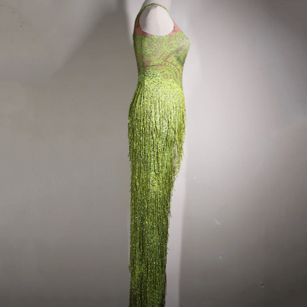 Джазовые танцевальные костюмы женское зеленое платье без рукавов со стразами и
