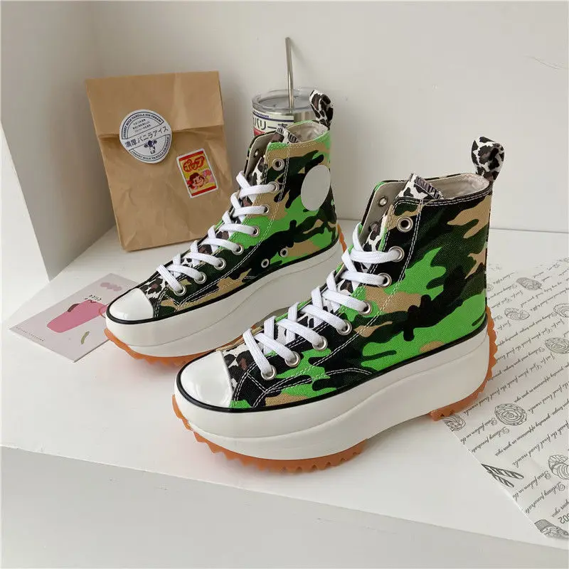 

Apanzu Women Casual Canvas Shoes New personality Current Height Increase Shoes Camouflage Leopard Lace Up High Top Sneakers