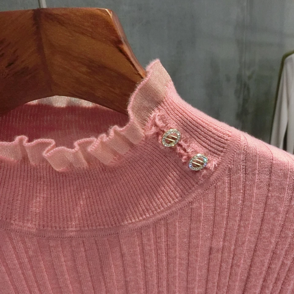 VOGGIN Women Sweaters Merino wool 80s style Ruffled collar Knitted Pullovers Diamond buttons Crewneck Base layer Tops 2020 | Женская