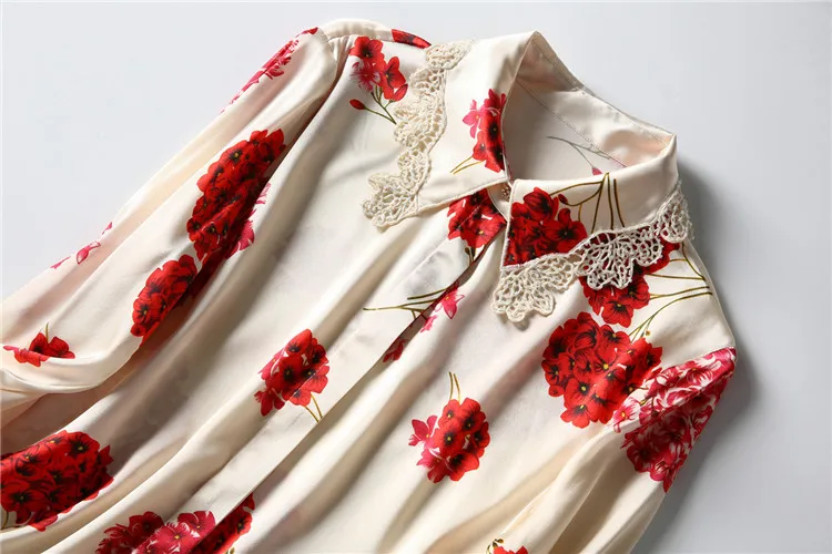 

Europe and the United States women's clothing New spring 2021 Long sleeve hollowed-out lapel flower print Fashion silk shirt
