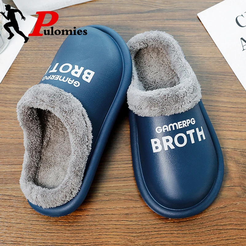 

PULOMIES Winter Men Women Slippers Waterproof Indoor Warm Plush Fur Furry Slippers Casual Loafers Platform Couple Slippers Shoes