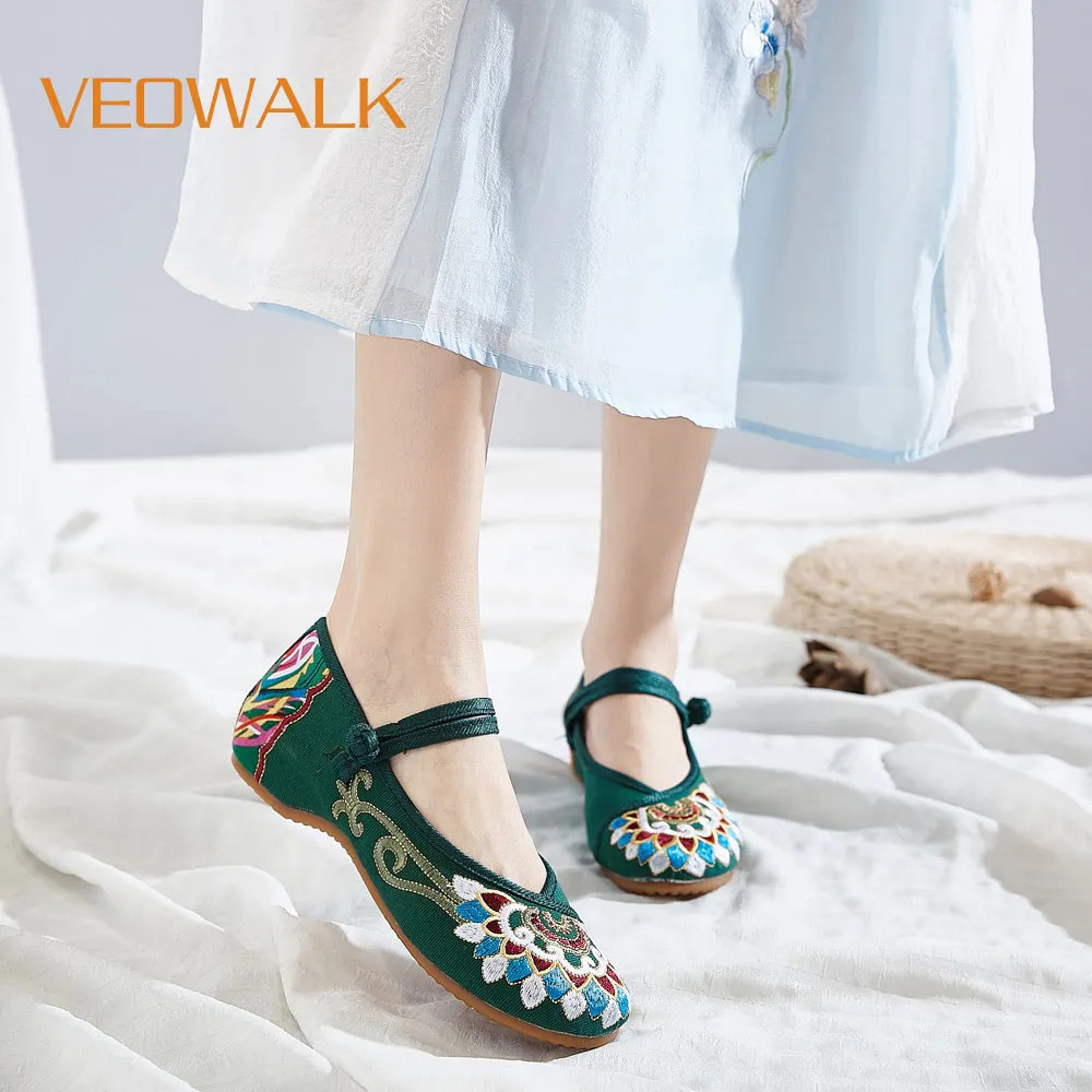 Veowalk/женские ручной работы Для женщин китайские туфли со старинной Пекинской вышивкой Буддизм Тотем вышитые балетки на плоской подошве; Женская Повседневная, хлопковая ткань Балетки без каблука