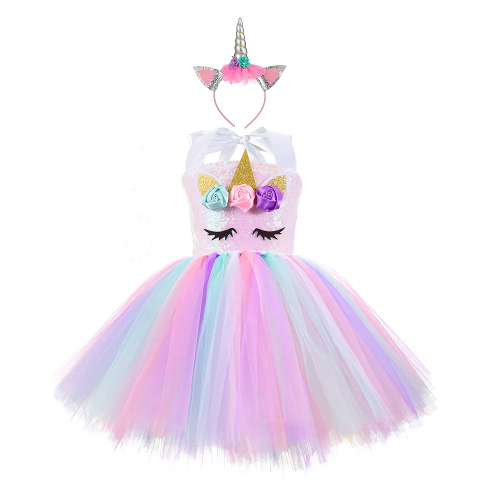 

Purim Unicorn Tutu Gauze Girls Dress Cosplay Princess Children Pettiskirt Christmas Costume can add Angle Wing Unicorn Headband