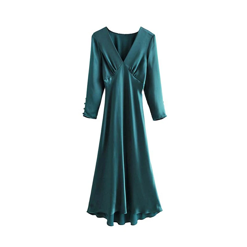 Vintage Stylish Soft Touch Solid Midi Dress Women Fashion V Neck Long Sleeve Party Cozy Dresses Sexy Vestidos Mujer