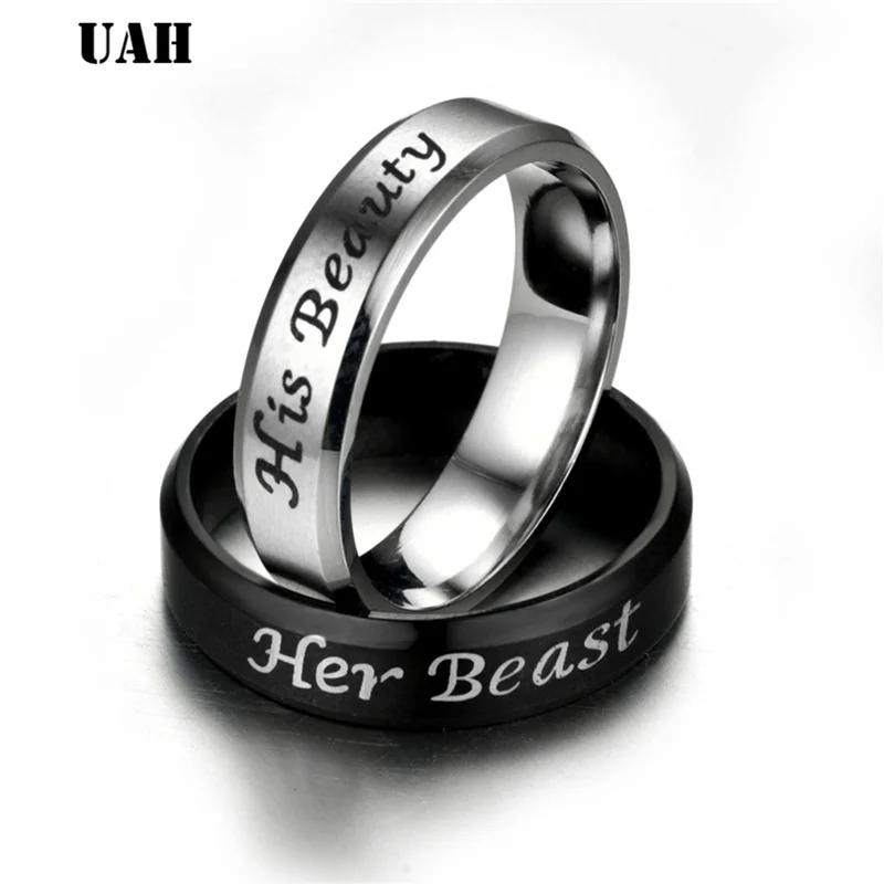 Парные кольца из нержавеющей стали с черной короной и надписью His Beauty Her Beast |