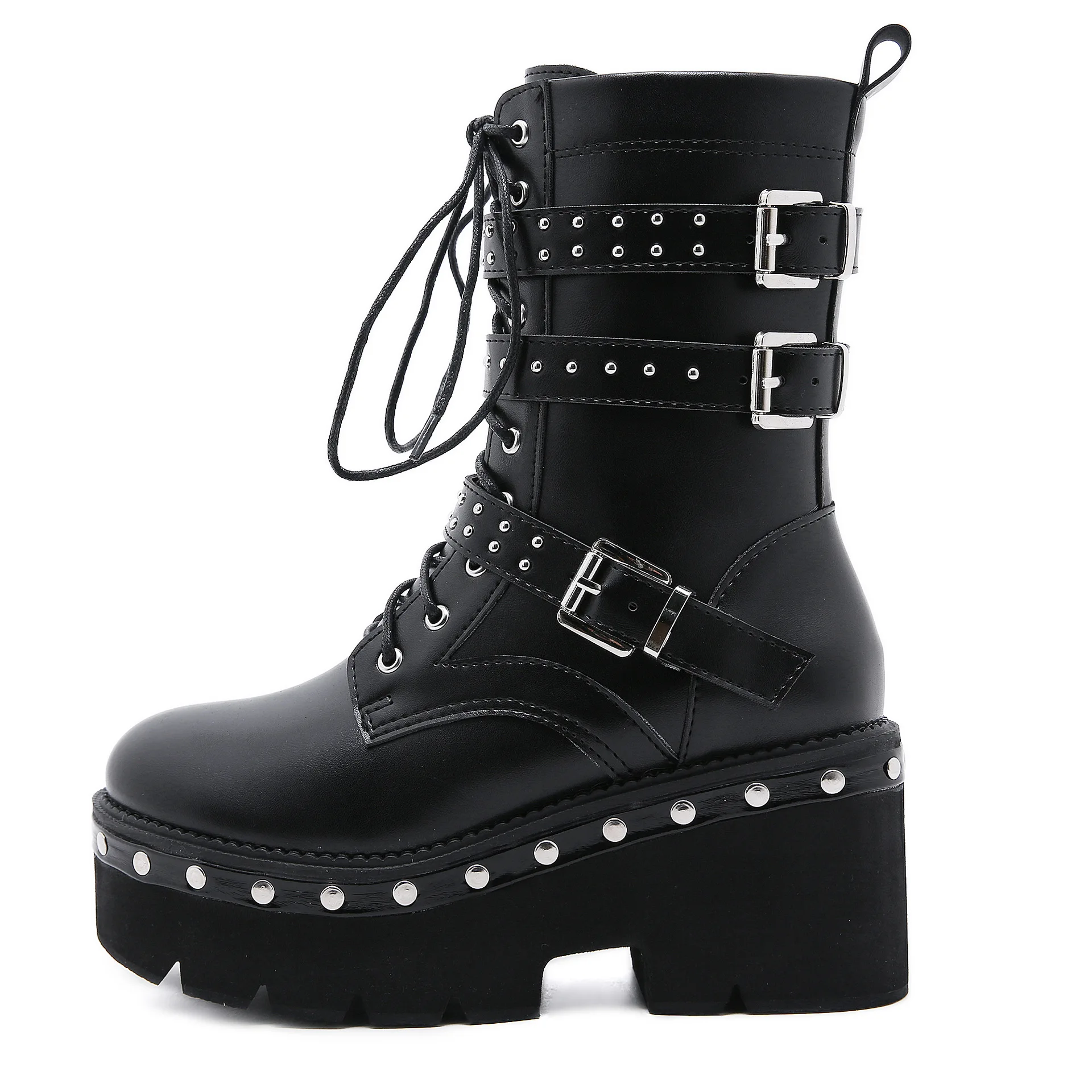 Black Buckle platform Ankle Platform Motorcycle Sexy Boots Women Lace up Chunky Heel Belt Buckle Pocket Designer Shoes Women