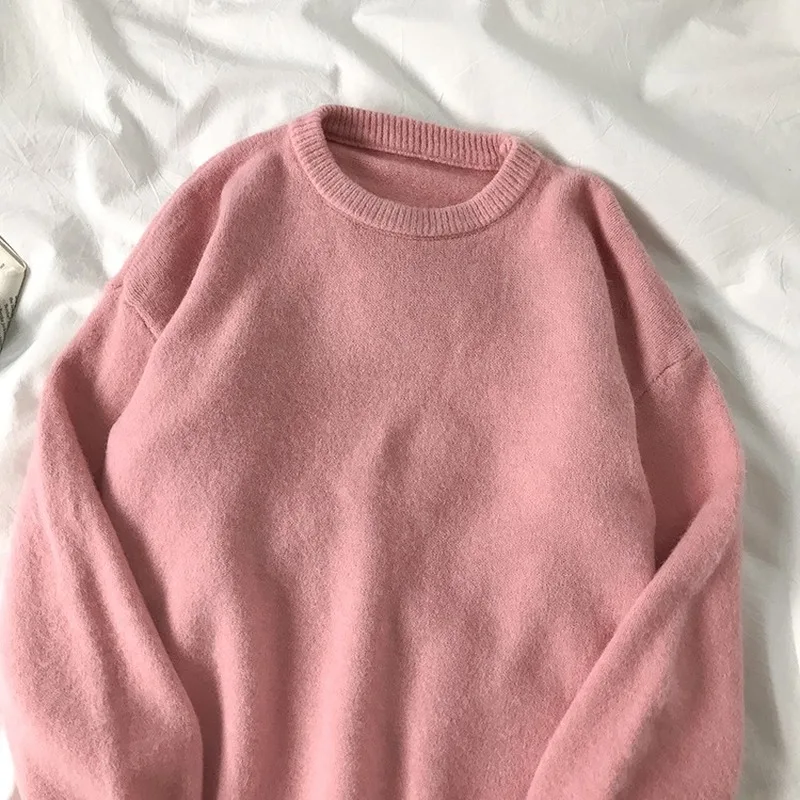 

Autumn Winter Korean Sweet Sweaters Women Fashion Chic O Neck Thick Solid Color Loose Knitted Pullover Warm Jumper for Female