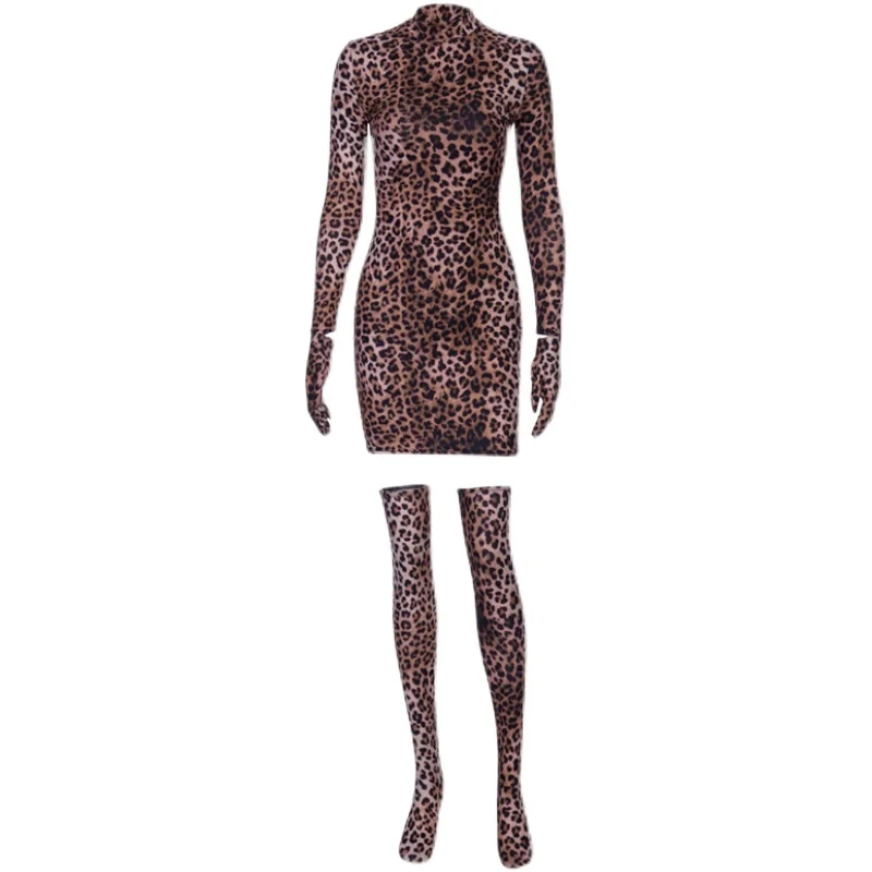 

2021 autumn women's new long sleeve Leopard Dress with gloves