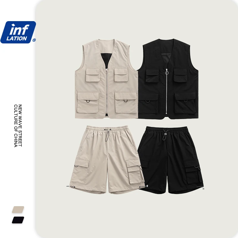 

INFLATION Men Summer Utility Suit Streetwear Jersey Men Utility Gilet & Loose Fit Style Men Shorter Shorts With Elastic Waist