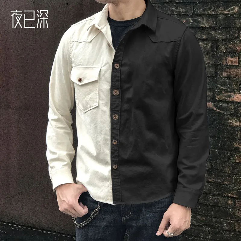 

Long Sleeve Black and White Printed Shirt Coat All-matched Pocket Turn-down Collar Men Shirt Male Buttons Closure Outerwear