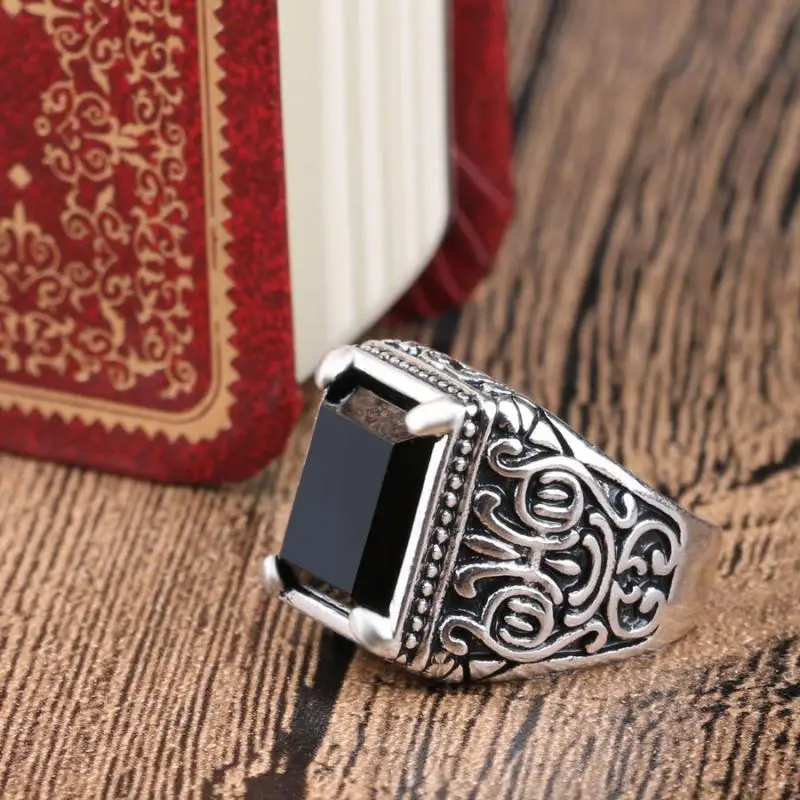 Черные кольца мужские заполненные античное серебро черный камень смола