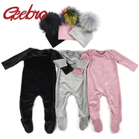 geebro newborn baby boys girls long sleeves jumpsuits soft velvet footies baby bodysuits clothes pajama pompon beanies hats set