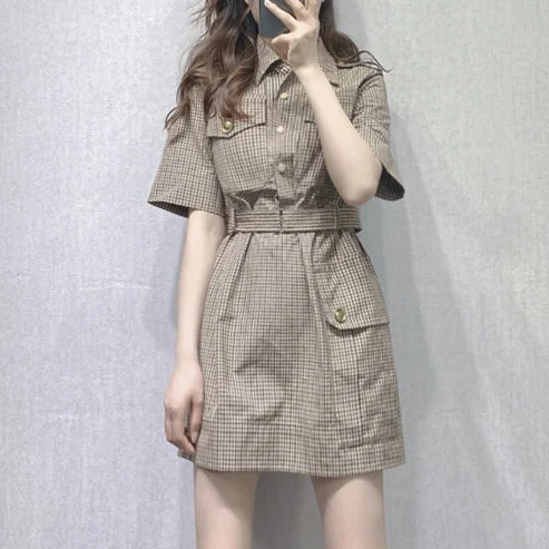 

Small work dress children's short 2021 summer new short sleeve retro Plaid Dress