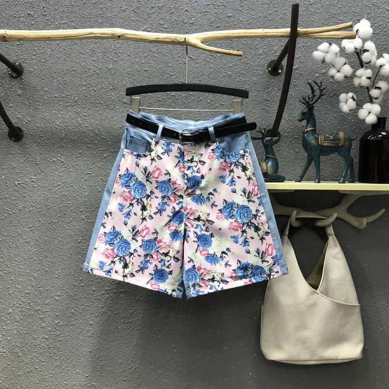 

Washed Floral Chiffon Patchwork Women Denim Shorts Contrast Color New Summer Fashion All-match High Waist Casual Short Jeans