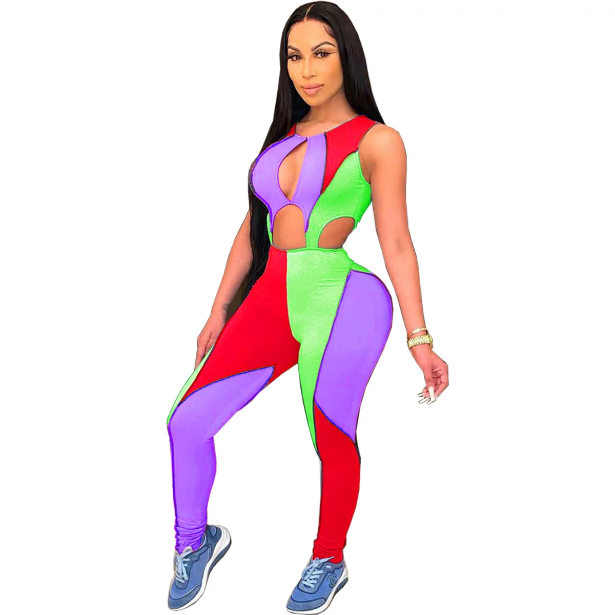 

Jumpsuit Women Sleeveless Sexy Color Patchwork Tracksuit Bodycon Hollow Out Sexy Bodysuit Wholesale Joggers Romper Dropshipping