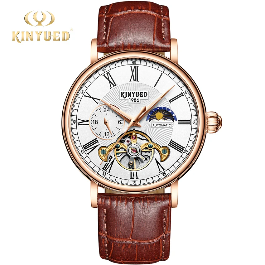 

KINYUED Moon Phase Watch Men Mechanical Automatic Wristwatches Mens Self-Wind Tourbillon Watches Waterproof Relogio Masculino