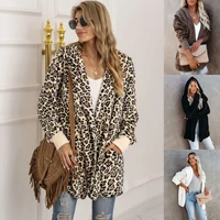 women leopard print plush coat winter winter v neck long sleeve pocket hoodie fashion casual loose cardigan coat female top 2021