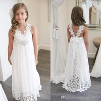new lace white ivory flower girls dresses sheer jewel neck with sash ruffles party princess kids party birthday communion gowns