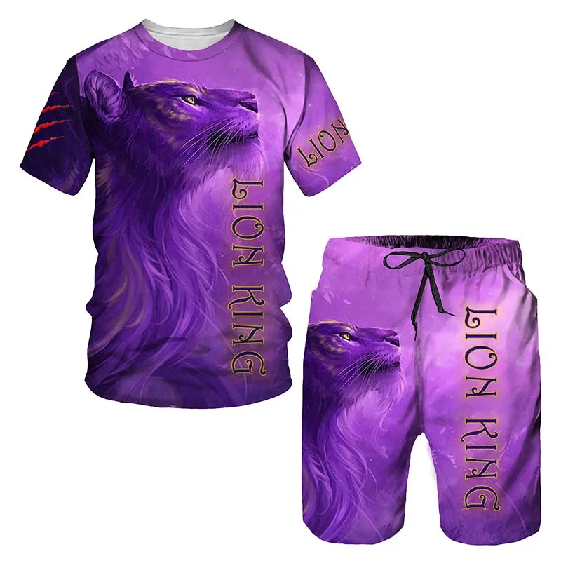 

King of Animal Lion Summer Two Piece Men Women t-shirts +Shorts Two Piece 3D Print Casual jogging men's purple sets tracksuit