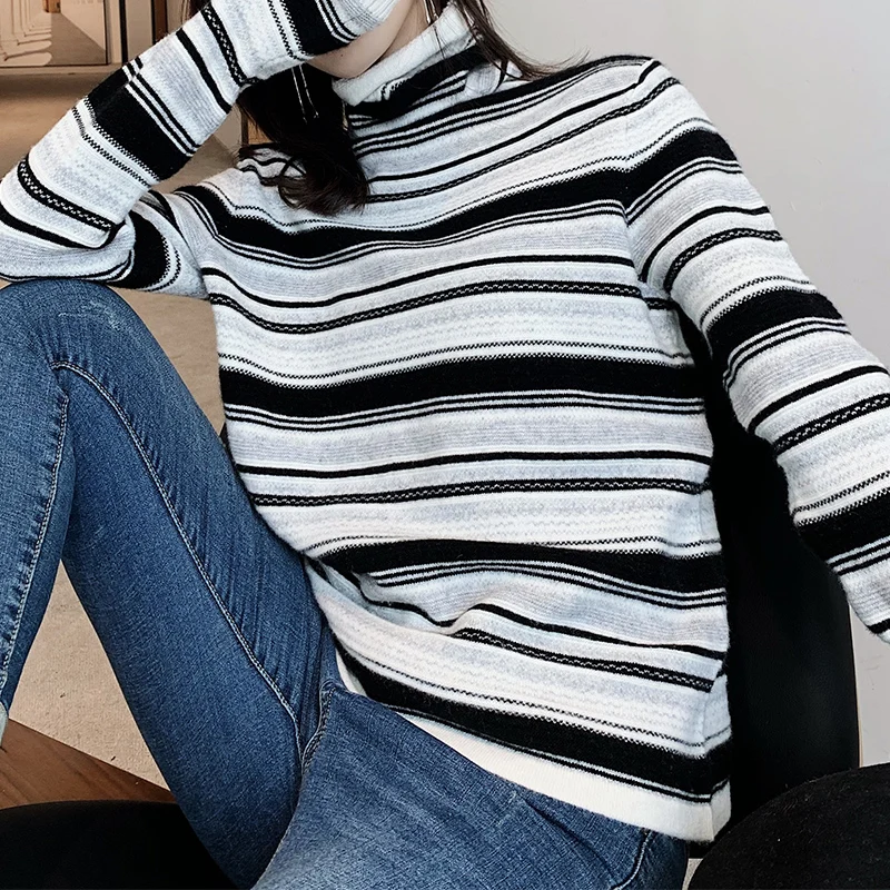 ATTYYWS New high collar ladies100% cashmere sweater long sleeve striped knit pullover soft warm fashion trend winter | Женская одежда