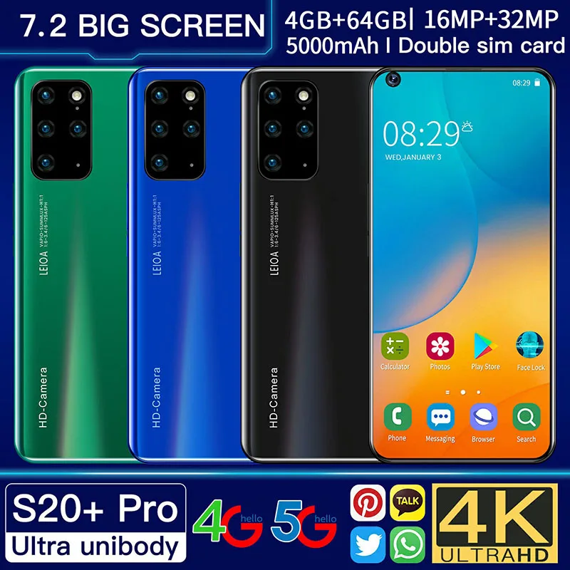 

Смартфон S20 + Pro, 7,2 дюйма, с Каплевидным большим экраном, 4 + 64 ГБ, двойная карта, ожидание разблокировки, распознавание лица, отпечаток пальца
