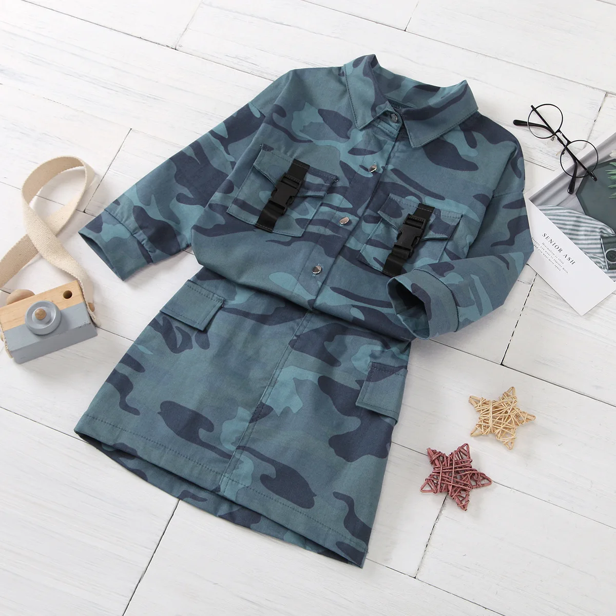 

Fall Kids Two- piece Clothes Set Toddler Girls Camouflage Lapel Long-Sleeves Blouse+High-Waist Short Skirts 2pcs Set Infant Suit