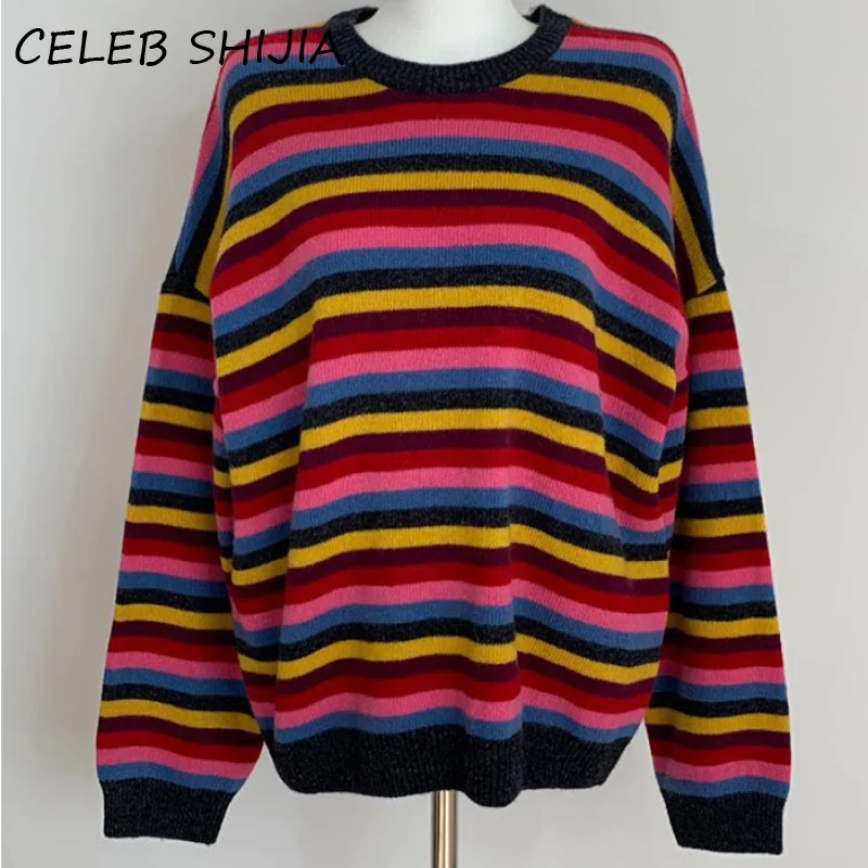 

SHIJIA Chic fashion O-neck striped knitted jumper woman lazy loose sweater female full-sleeve autumn winter knitwear tops 2020