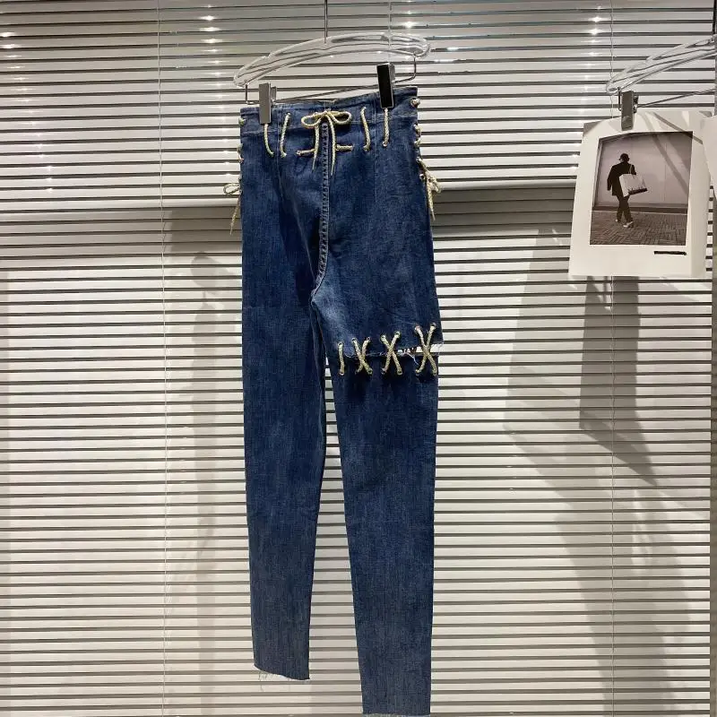 

2021 Summer Spring New Female Denim Pants Fashionable Gold Ribbon Tie Design Stretch Slim Drawstring Pencil Jeans Long Trousers