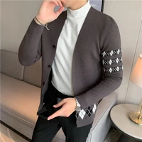 argyle print knitted cardigan for men autumn long sleeve slim sweater coat business casual sweatercoat streetwear male clothing