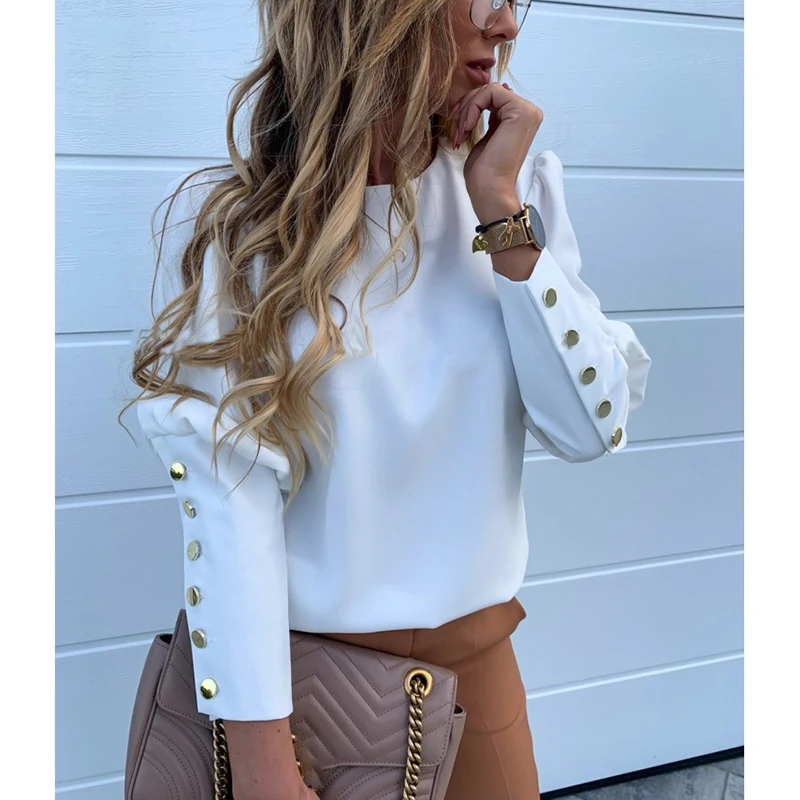 Женская одежда однотонная Элегантная Повседневная Блузка на пуговицах с круглым