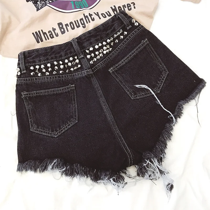 

Denim shorts women's summer new cat beard high-waisted willow nail hot pants cut holes and wide-legged shorts